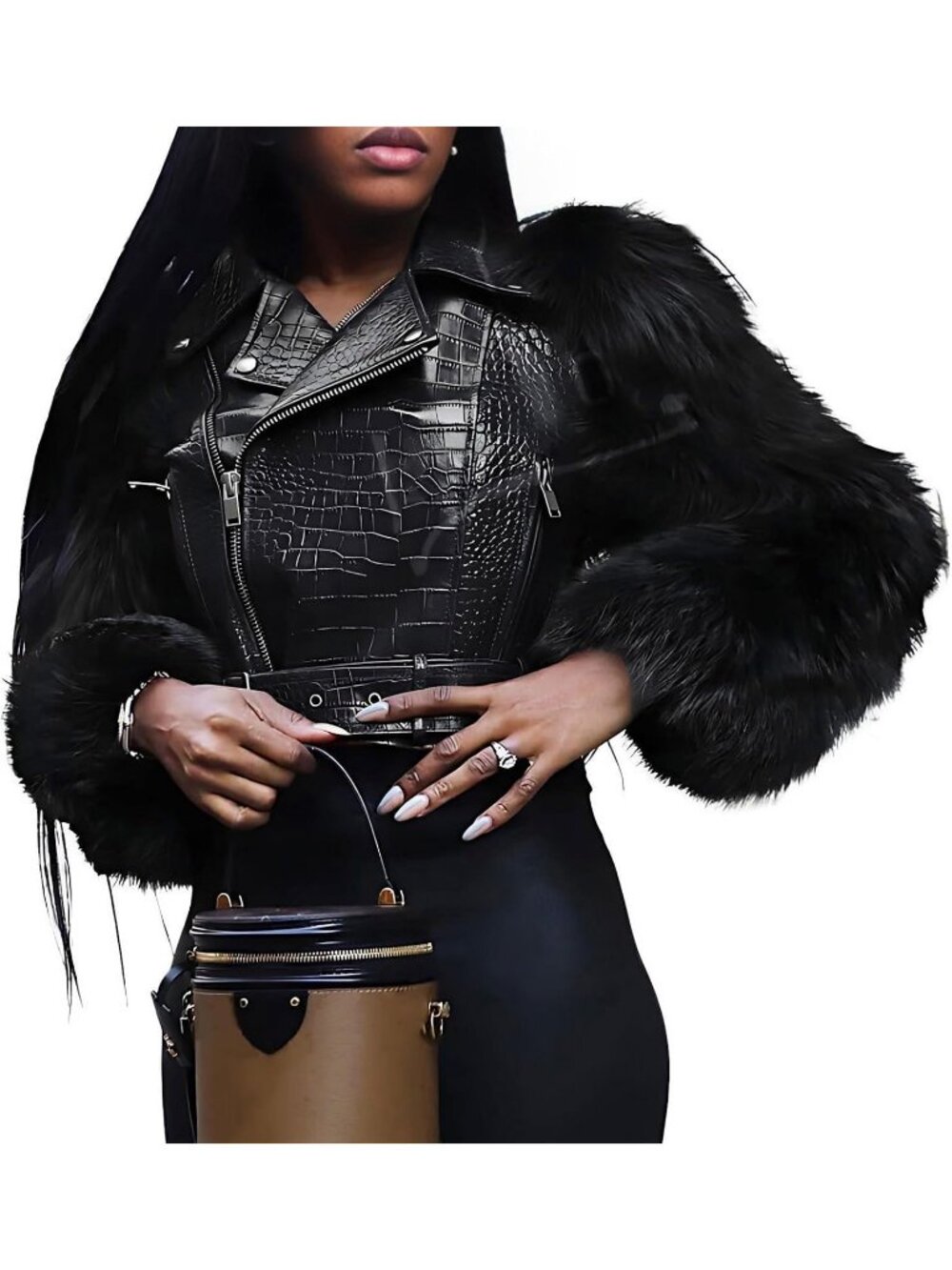 Women's Black Fur Long Sleeve Classic Zipper Up Belt Motorcycle Short Jackets